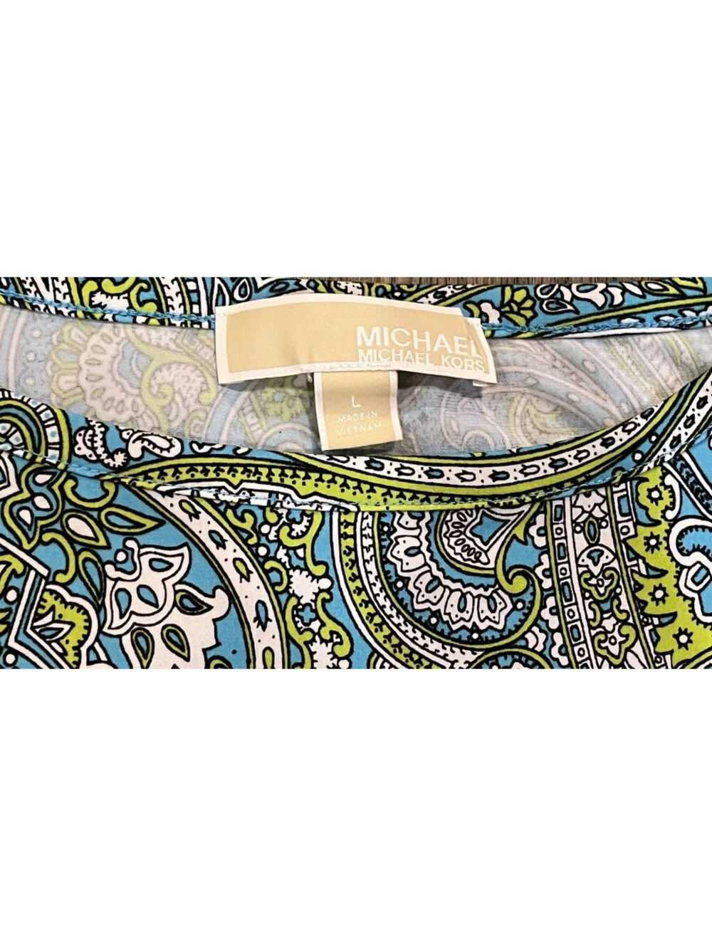 Michael Kors Turquoise & Green Paisley Dress Size L Long Sleeve Stretch